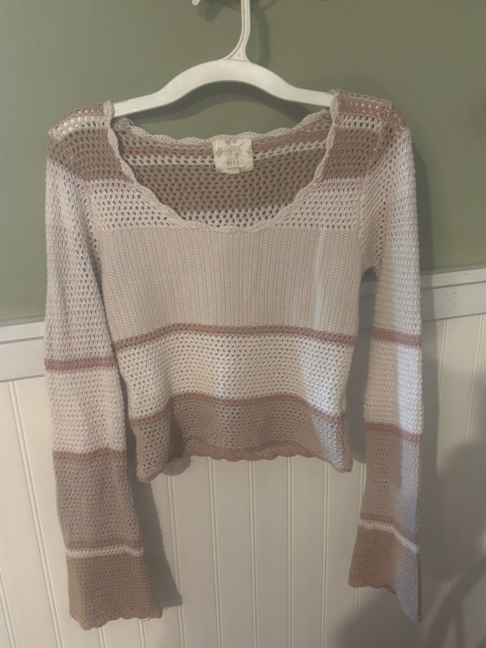 Hippie Rose Blush Pink and Cream Open-Knit Striped Scoop Sweater